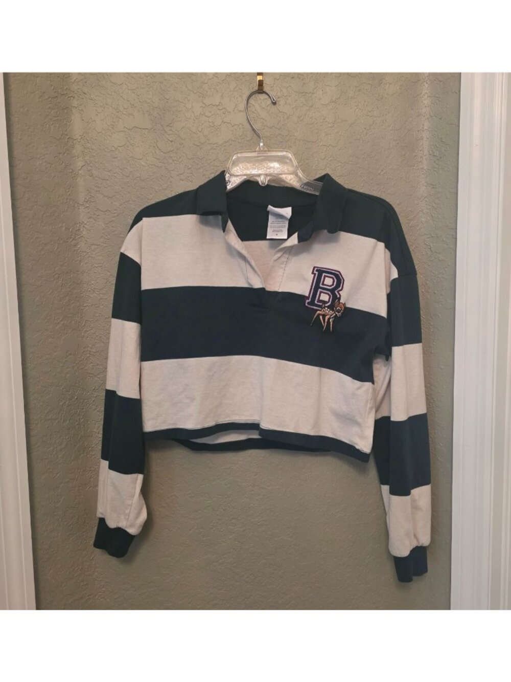 Disney Green Ivory Rugby Striped Cropped Embroidered Bambi Letterman Tee Shirt S